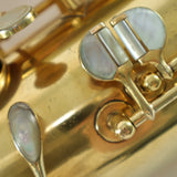 C.G. Conn 'Virtuoso Deluxe' Bass Saxophone SN 111421 GOLD PLATE, FULL PEARLS- for sale at BrassAndWinds.com